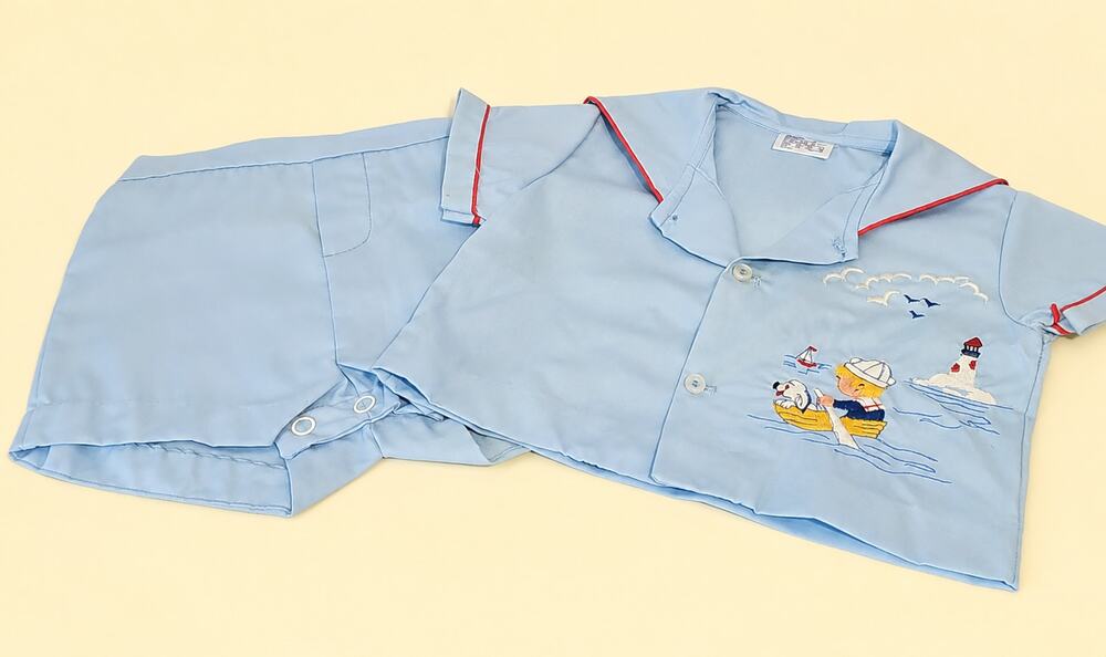 Vintage Baby Sailor Matching Shirt Shorts Set Embroidered Boat Pup Lighthouse
